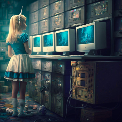 Alice in the Server Room, made with the Midjourney Generative Art AI