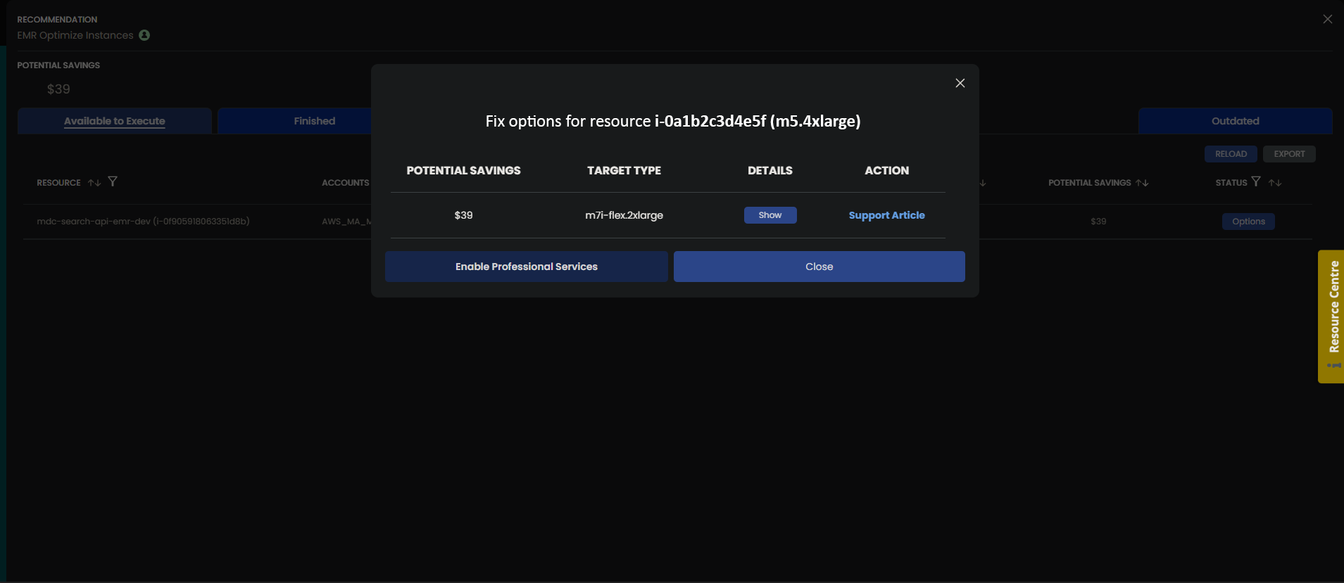 CloudFix screenshot: fix options