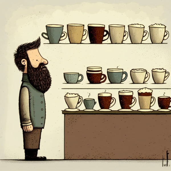 Cartoon of man at coffee shop, overwhelmed by the different sizes of coffee available