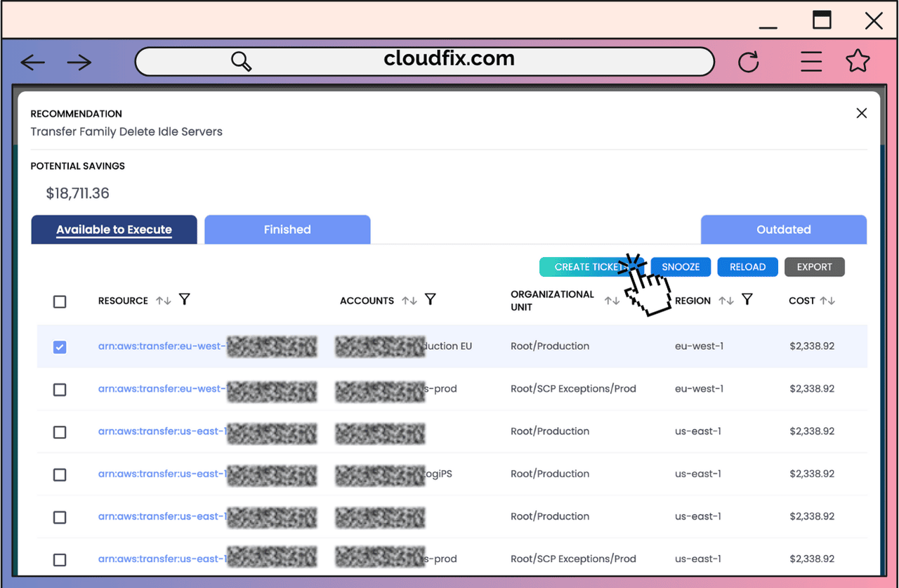 With our Jira integration, you can Create a Ticket directly from the CloudFix Web Interface